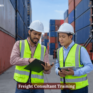 Freight consultants reviewing shipment documents in a container yard logistics environment wearing safety gear