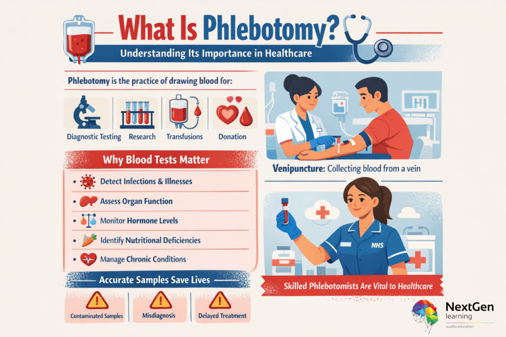 Illustrated guide explaining phlebotomy, blood testing benefits, and the role of skilled phlebotomists in healthcare systems like the NHS