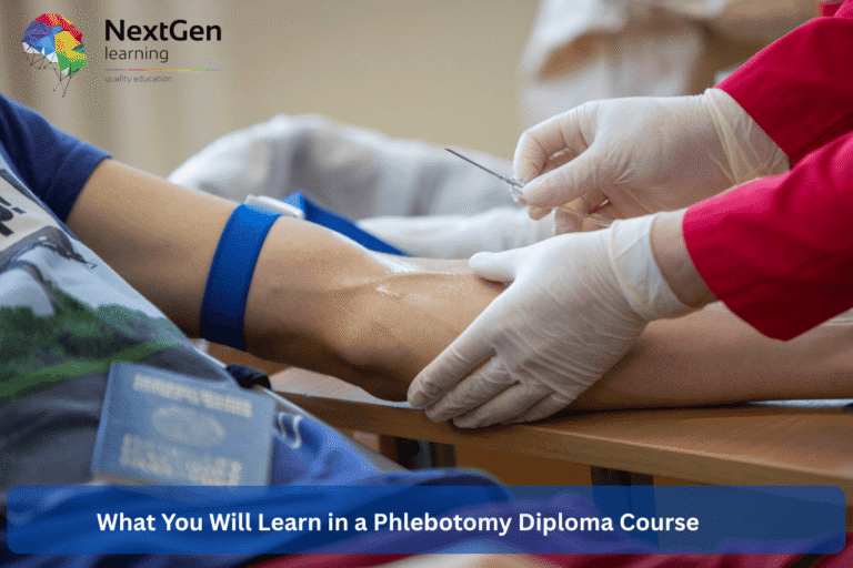 A healthcare professional wearing gloves prepares to insert a needle into a patient’s arm with a tourniquet applied, illustrating practical venipuncture skills taught in a Phlebotomy Diploma course.