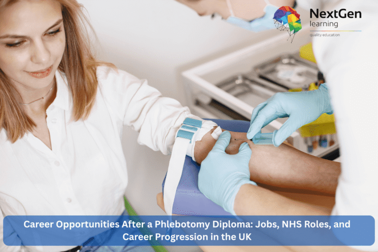 Healthcare professional performing phlebotomy procedure – NextGen Learning course on career paths, NHS roles, and progression after a Phlebotomy Diploma in the UK