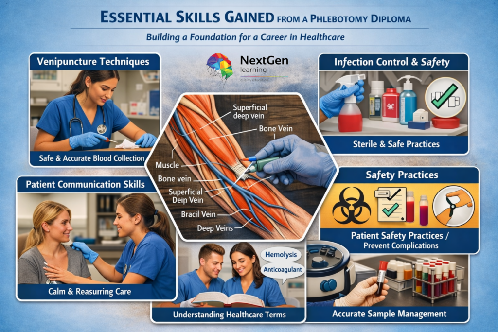 Realistic infographic showing key skills from a phlebotomy diploma, including venipuncture techniques, infection control, patient communication, medical terminology, and sample handling in clinical settings