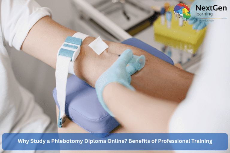 A healthcare professional in blue gloves performs venipuncture on a patient’s arm with a tourniquet applied, collecting blood into test tubes—illustrating the practical skills taught in a Phlebotomy Diploma course.