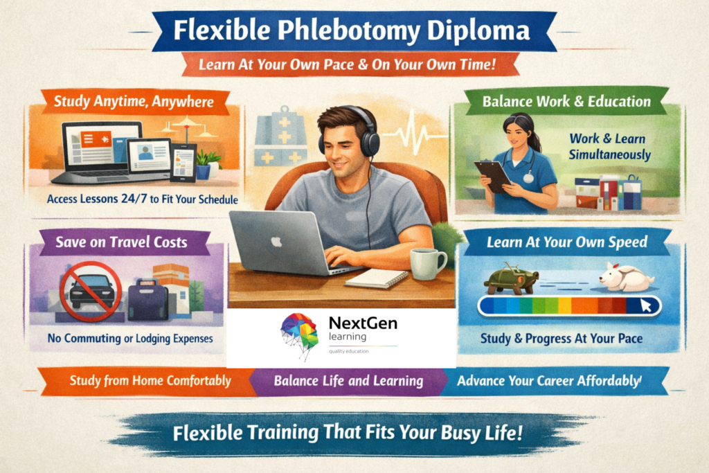 Infographic showing benefits of online phlebotomy training including 24/7 access, work-study balance, reduced travel costs, and self-paced learning. Features modern visuals and vibrant design.