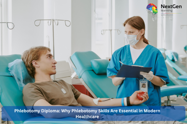 A healthcare professional in blue scrubs and gloves assists a patient donating blood in a clinical setting, with reclining chairs and IV stands in the background—illustrating the practical skills taught in a Phlebotomy Diploma course.