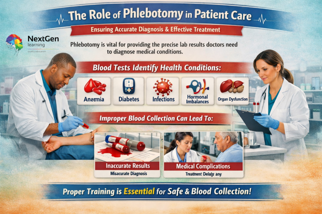 Infographic showing how phlebotomy supports accurate diagnosis and treatment by detecting anaemia, diabetes, infections, hormonal imbalances, and organ dysfunction. Highlights risks of improper blood collection and the importance of professional training.