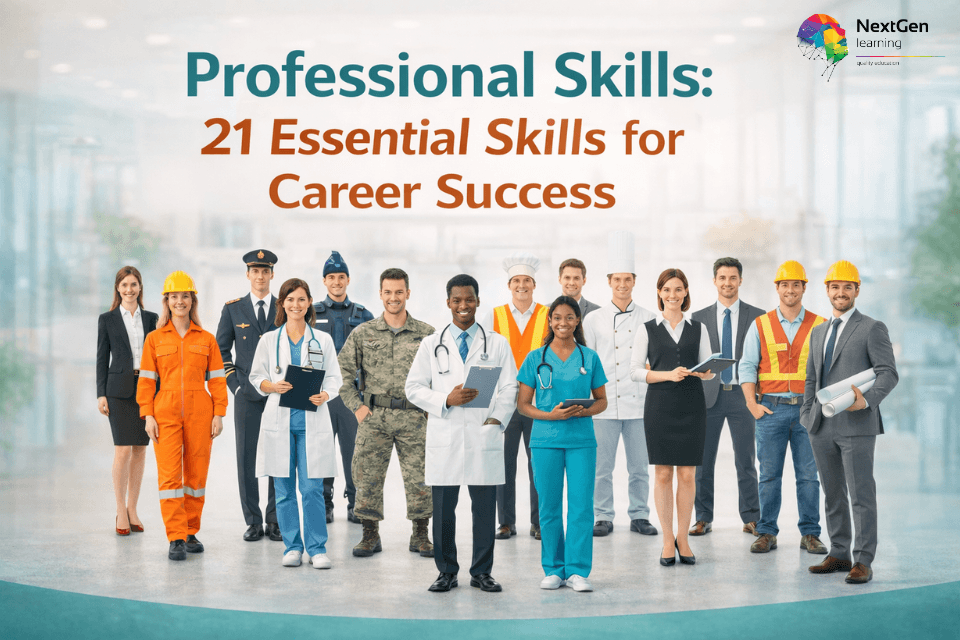 Professional Skills course banner showing diverse professionals including healthcare workers, engineers, chefs, construction workers and business professionals representing essential career success skills.