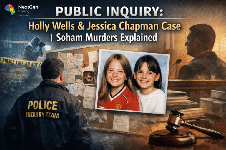 Public inquiry Holly Wells and Jessica Chapman case illustration showing Soham murders investigation, police inquiry board and courtroom scene