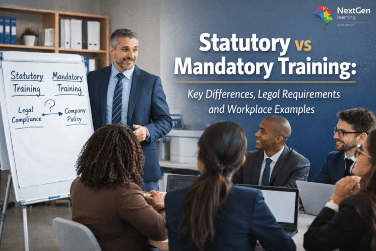 Statutory vs mandatory training explained in a workplace training session showing legal compliance vs company policy training for employees
