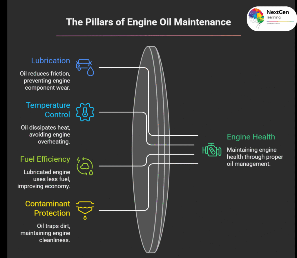 Infographic showing benefits of engine oil maintenance including lubrication and temperature control