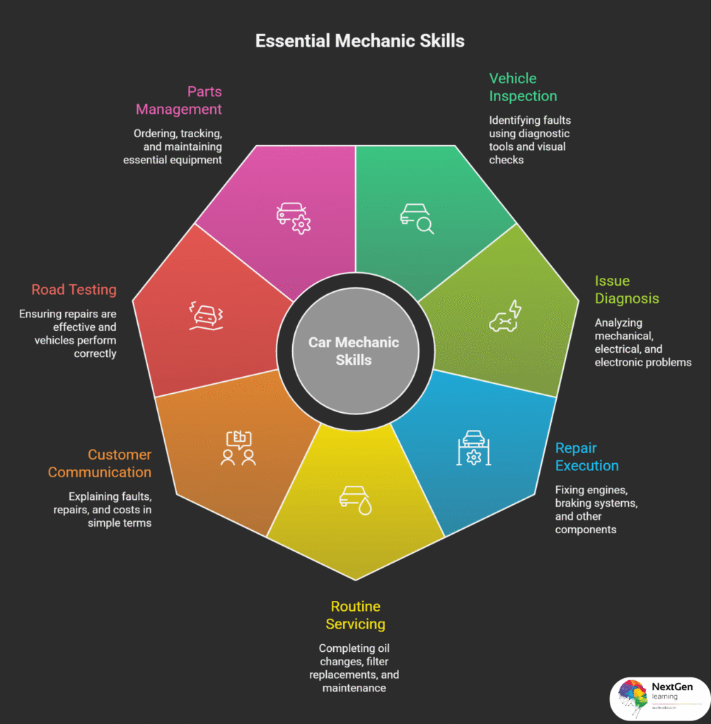 Key skills required for car mechanics including inspection, diagnostics, repair and communication