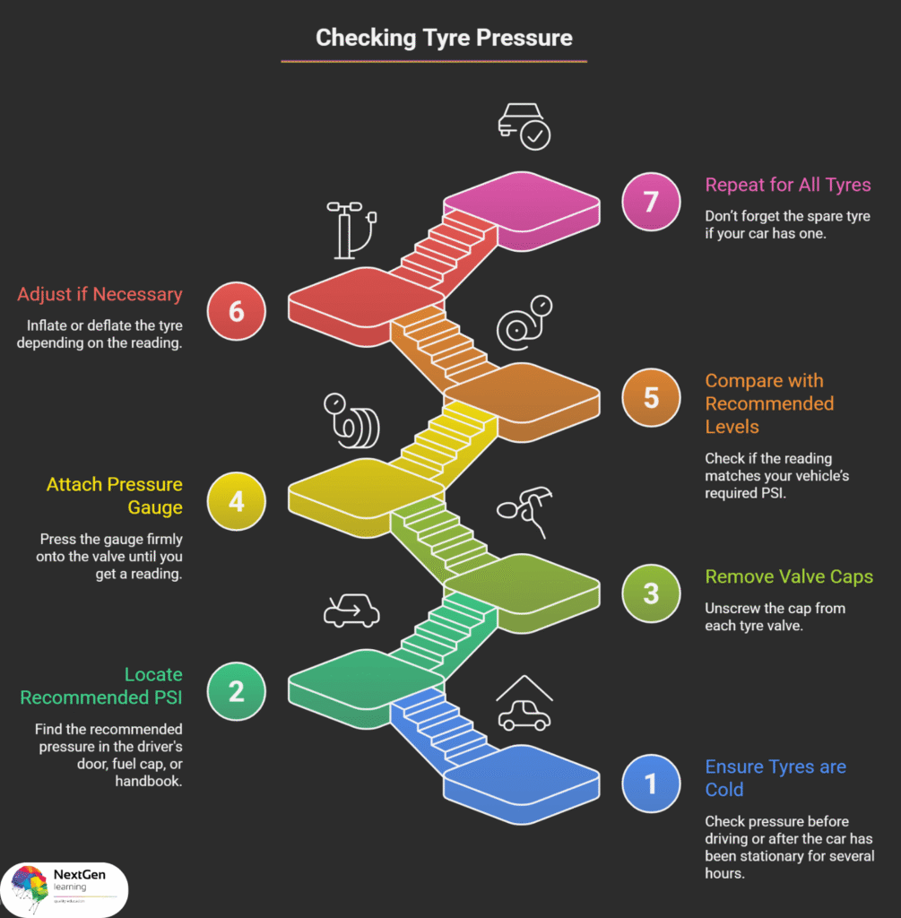 Infographic showing steps to check tyre pressure correctly in the UK