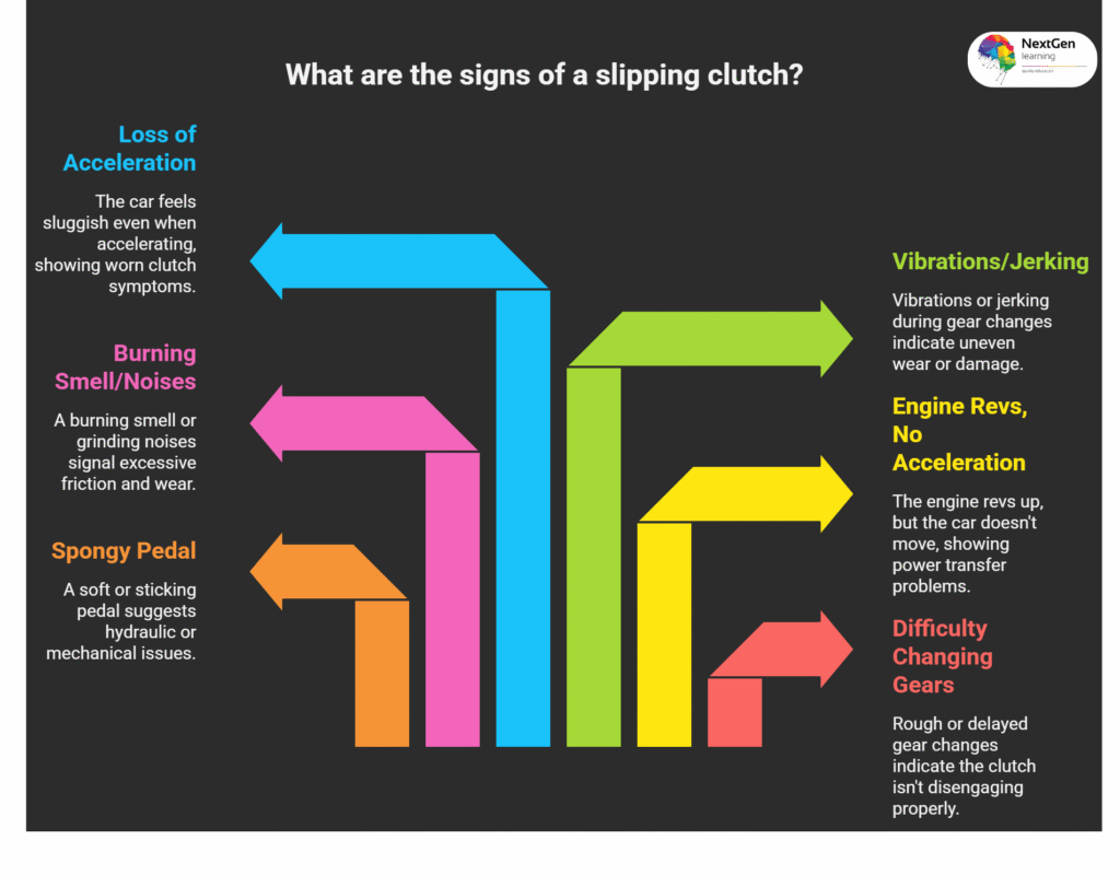 Infographic showing clutch slipping symptoms including loss of acceleration, spongy pedal, and gear issues