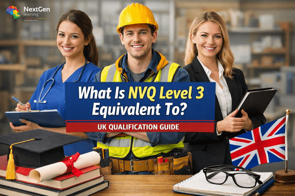 NVQ Level 3 equivalent qualification guide in the UK showing healthcare, construction, and business professionals representing vocational career pathways.