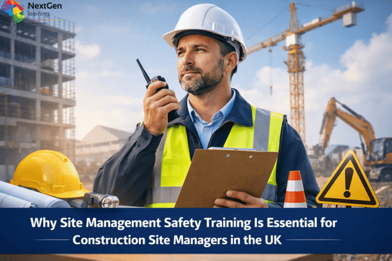 Construction site manager inspecting safety procedures on a UK construction site with safety equipment and crane in background
