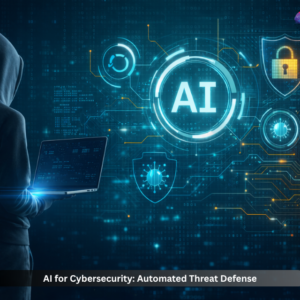 AI for cybersecurity automated threat detection system with hacker silhouette and digital network security interface
