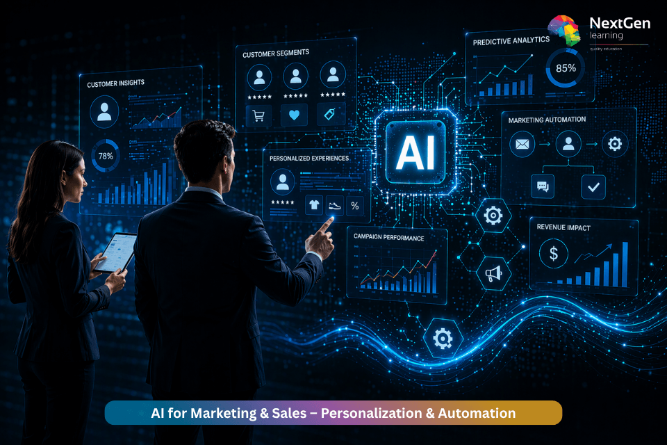 AI for marketing and sales personalisation and automation dashboard with analytics, customer insights and predictive data visualisation