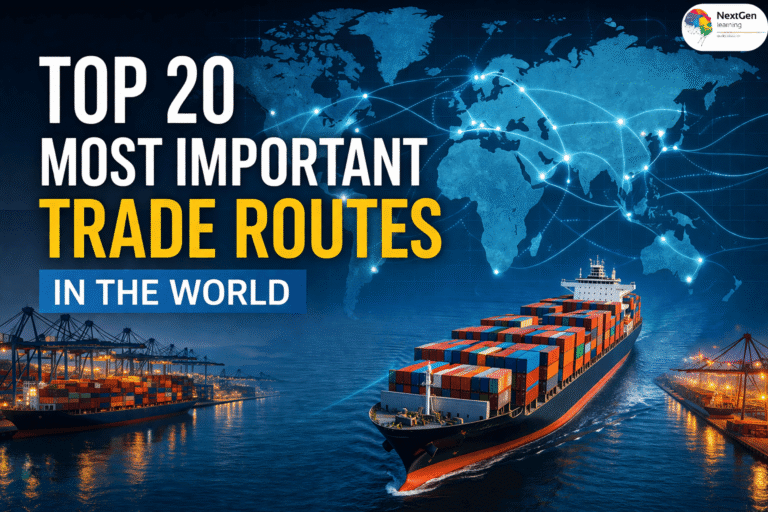Global maritime trade routes map with container ship and port logistics