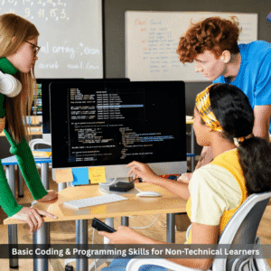 Students learning basic coding and programming skills on a computer in a classroom, ideal for non-technical beginners