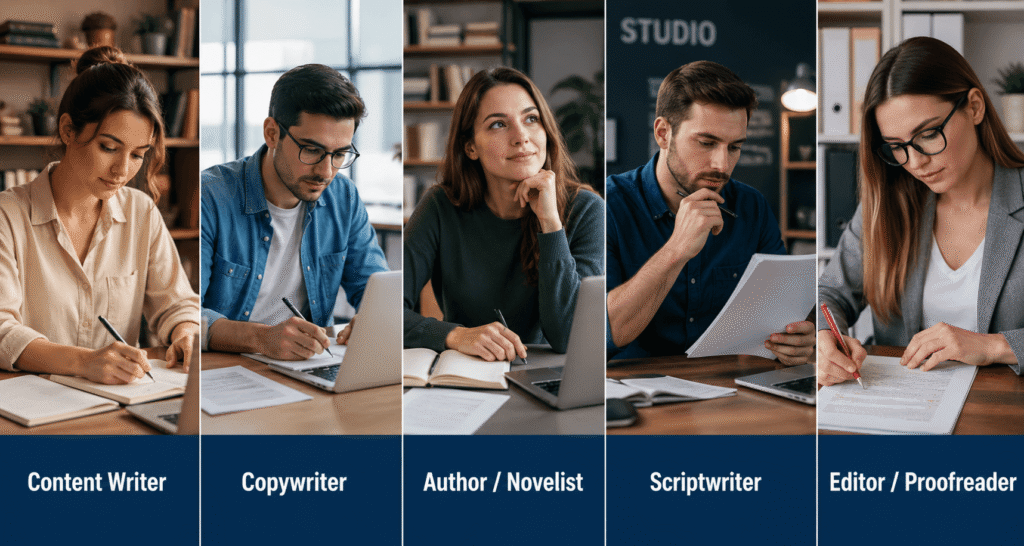 Creative writing careers including content writer, copywriter, author, scriptwriter and editor