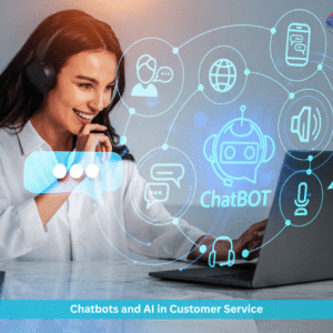 AI chatbot customer service interface with support agent using laptop and headphones, digital chat icons and automation technology