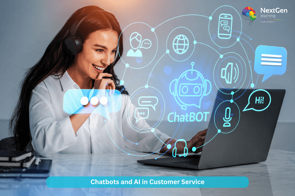 AI chatbot customer service interface with support agent using laptop and headphones, digital chat icons and automation technology