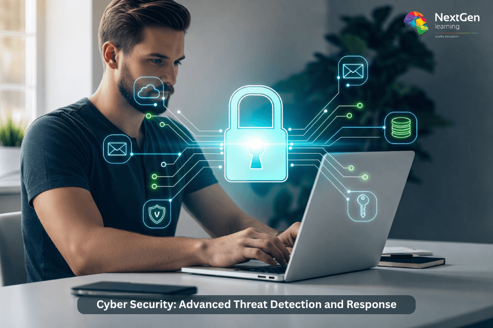 Cyber security professional analysing data protection with advanced threat detection and response on laptop