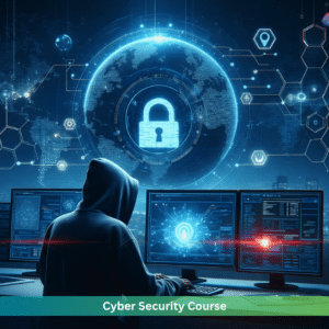 Cyber security professional monitoring network security systems with digital lock and global data protection interface