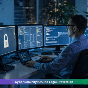 Cyber security professional monitoring multiple screens with data protection systems for online legal protection