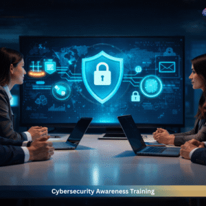 Cybersecurity awareness training concept showing professionals analysing digital security systems, data protection, and cyber threat prevention in a modern office environment