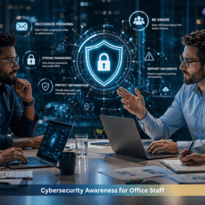Cybersecurity awareness training for office staff showing professionals learning phishing prevention, strong passwords, and data protection in a corporate environment