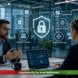 Cybersecurity for small businesses showing professionals discussing data protection, encryption, firewall, and threat detection strategies