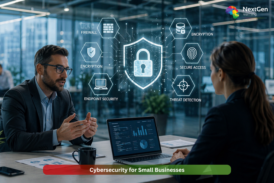 Cybersecurity for small businesses showing professionals discussing data protection, encryption, firewall, and threat detection strategies