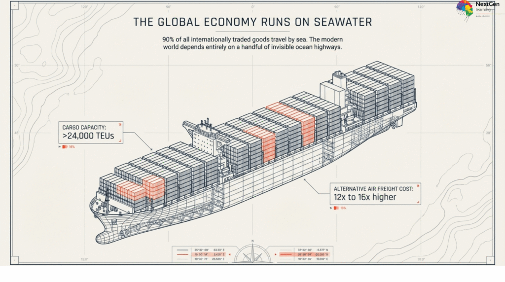 Map and infographics showing major global shipping routes, maritime chokepoints, and trade flows