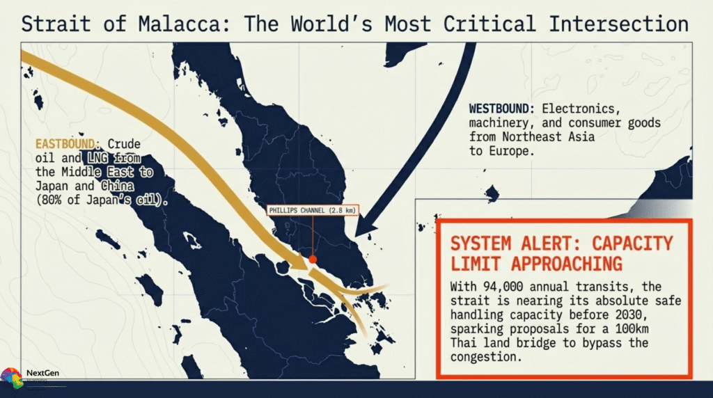 Map and infographics showing major global shipping routes, maritime chokepoints, and trade flows