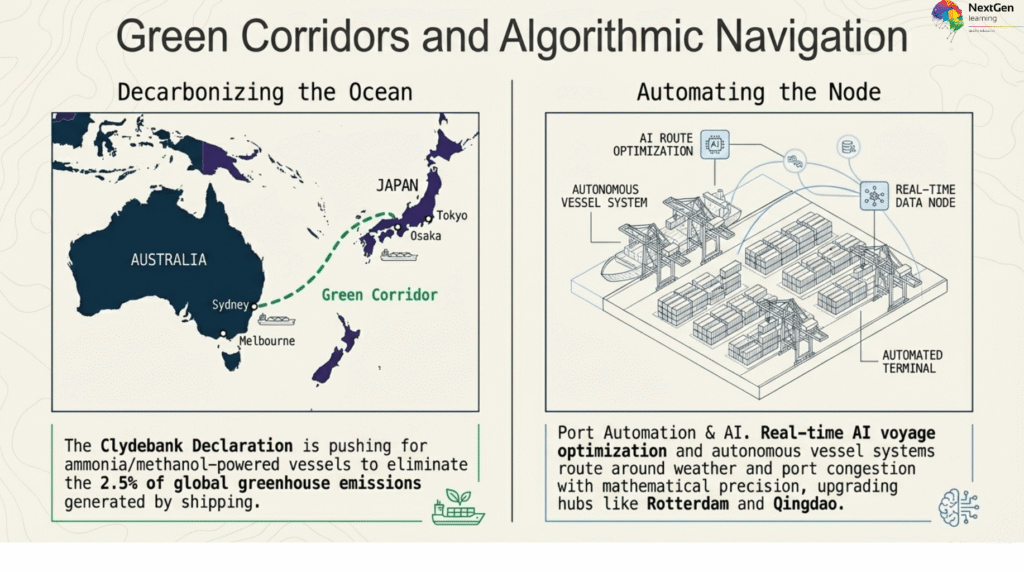 Map and infographics showing major global shipping routes, maritime chokepoints, and trade flows