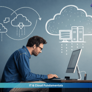 IT and cloud fundamentals concept showing a professional working on a computer with cloud computing diagrams including data upload, download, and server storage