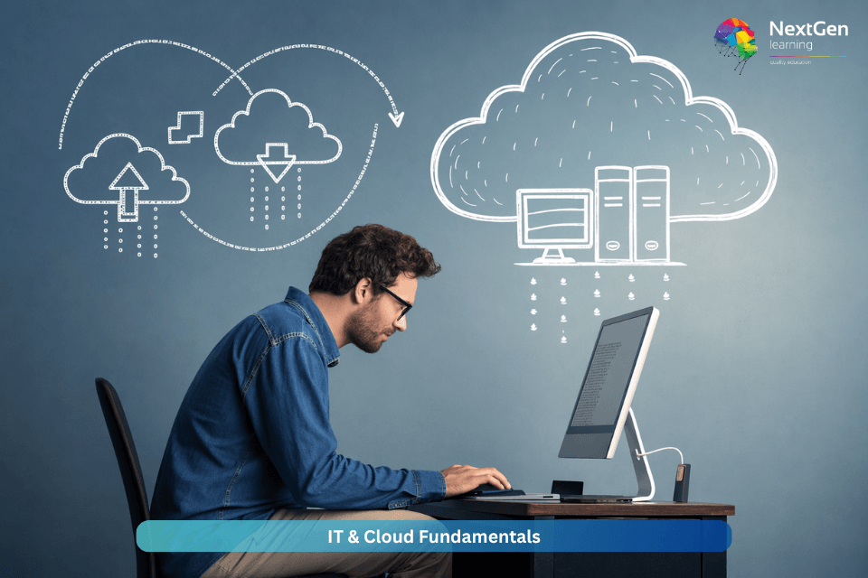 IT and cloud fundamentals concept showing a professional working on a computer with cloud computing diagrams including data upload, download, and server storage