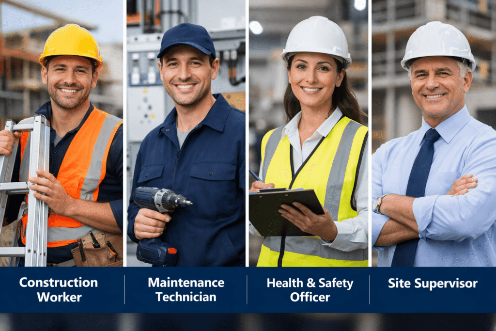 Ladder safety career roles banner showing construction worker, technician, safety officer and supervisor