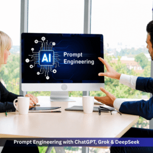 Prompt engineering training with ChatGPT, Grok and DeepSeek shown on screen in a professional office setting