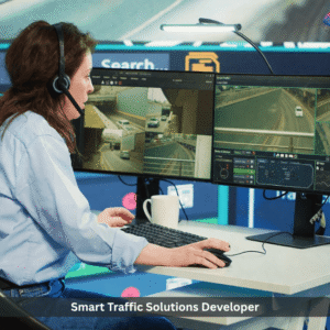 Smart traffic solutions developer monitoring live traffic data and CCTV feeds on dual screens in a modern control room