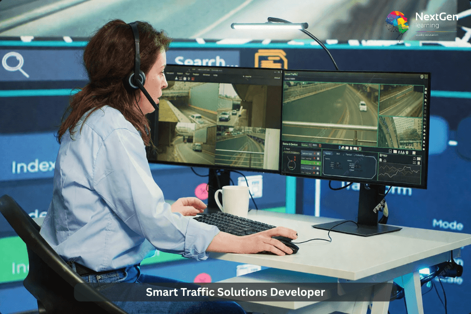Smart traffic solutions developer monitoring live traffic data and CCTV feeds on dual screens in a modern control room