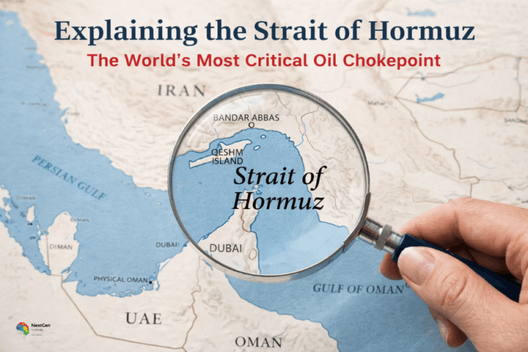 Strait of Hormuz map highlighted with magnifying glass showing global oil trade route between Iran and Oman