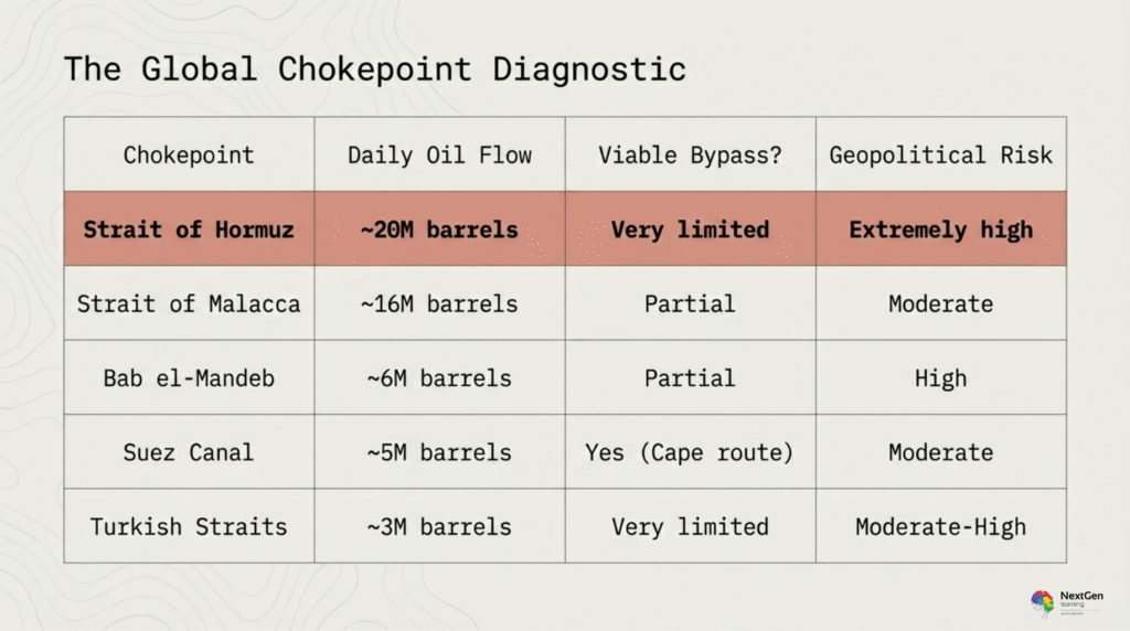 Comparison of global oil chokepoints including Hormuz Malacca Suez