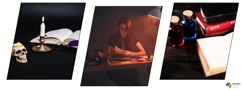 Horror writer creating dark storytelling scenes with books, candle, and gothic elements