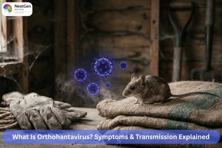 Image showing a rodent in a shed with virus particles illustrating hantavirus transmission risks and symptoms.