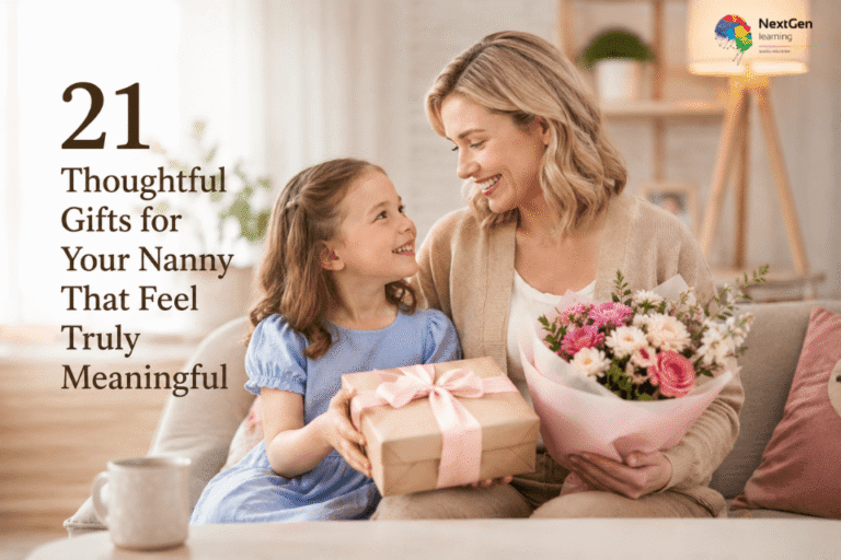 Mother and young child giving a thoughtful gift and flowers to a caring nanny at home, representing meaningful nanny appreciation gifts and gratitude ideas.
