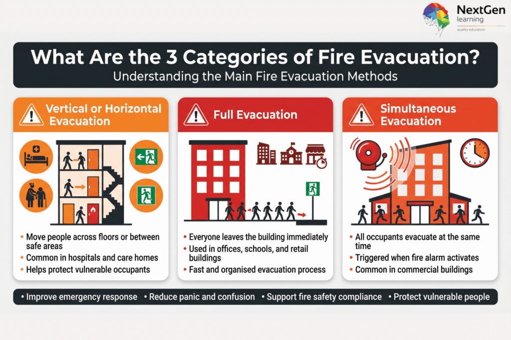 Infographic explaining three fire evacuation methods — vertical or horizontal evacuation, full evacuation, and simultaneous evacuation — with icons and workplace safety guidance.