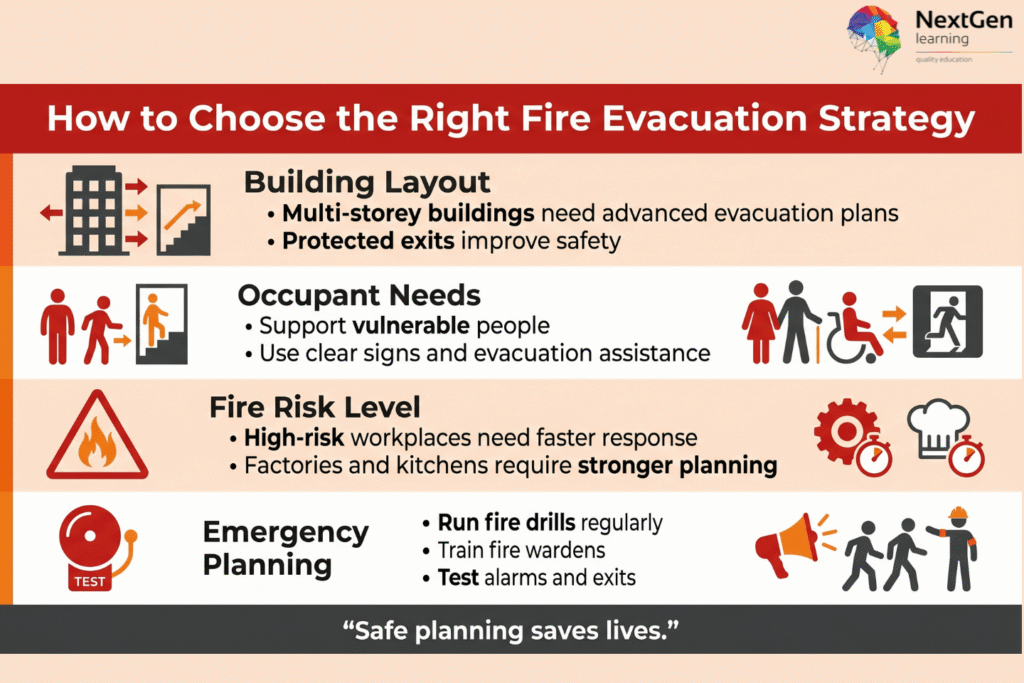 Infographic explaining four key factors in choosing a fire evacuation strategy — building layout, occupant needs, fire risk level, and emergency planning — with safety icons and guidance.