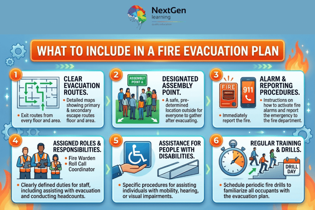 Infographic showing six key elements of a fire evacuation plan including clear routes, assembly points, alarms, roles, disability support, and training drills.