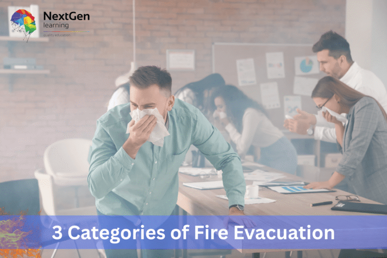 Educational image showing office workers evacuating through smoke, illustrating three fire evacuation categories — simultaneous, phased, and progressive horizontal — for workplace safety training.